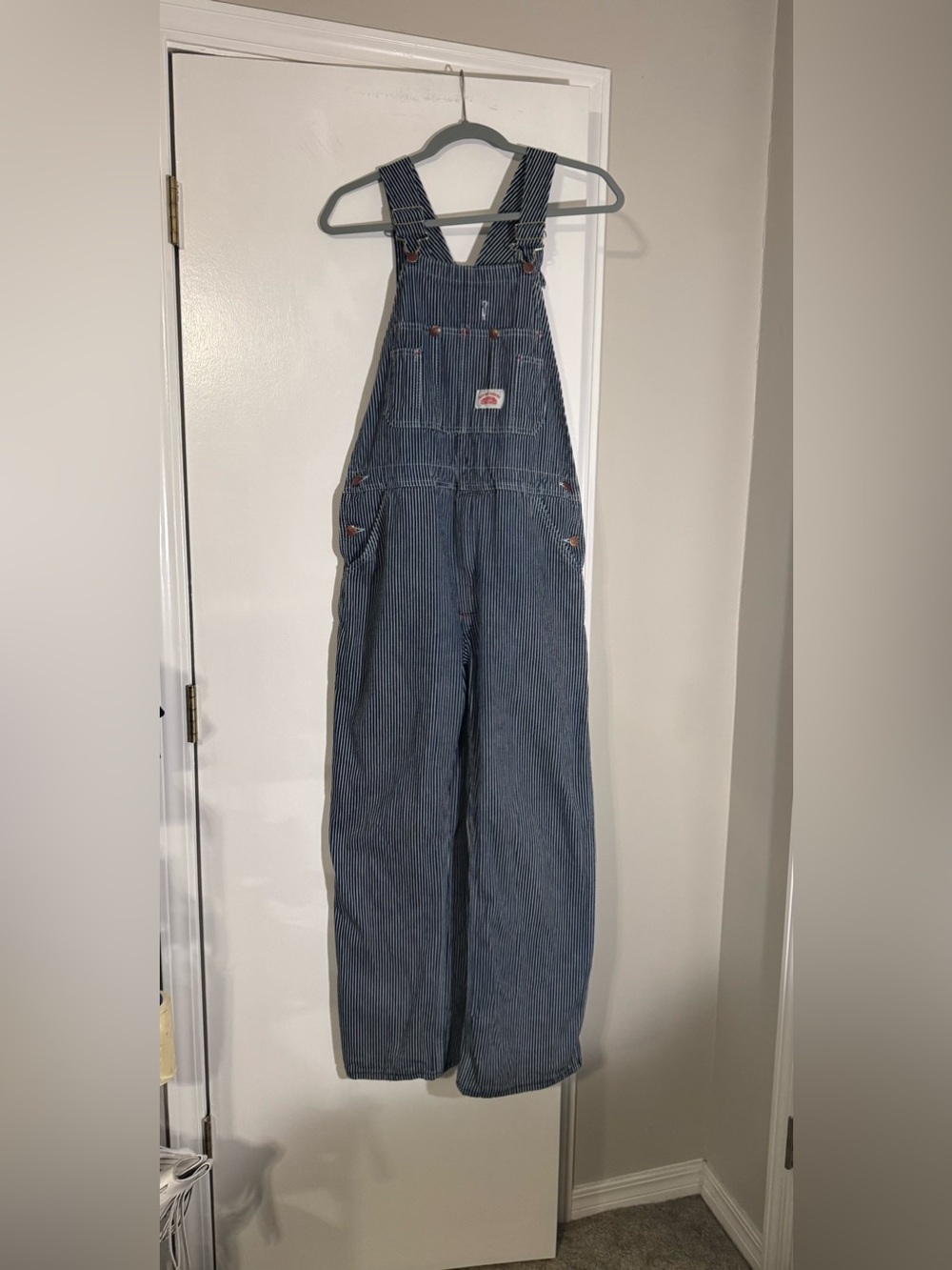Men's Blue Pinstripe Carpenter Overalls with Adjustable Straps vintage railroad